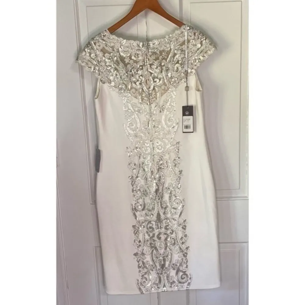 Tadashi Shoji Mayu Sequin Embroidered Silver Ivory Knee Length Formal Dress XL - Image 6