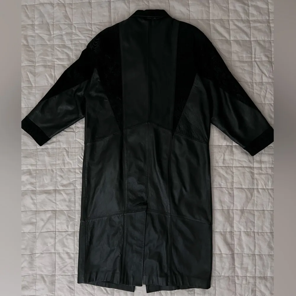 Vintage Pelle Black Embossed Suede Patchwork Leather Long Trench Coat - Image 5