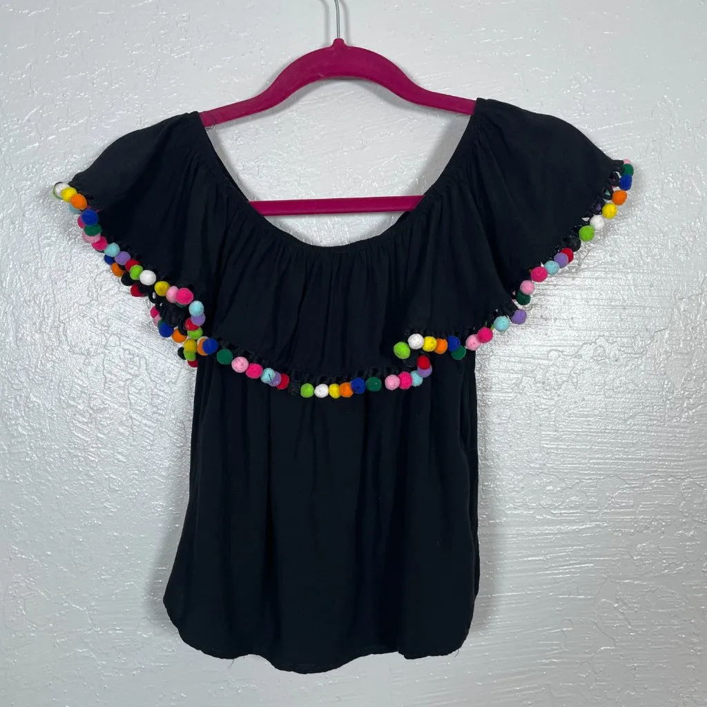 Collectif Women S Black Pom Pom Blouse Off the Shoulder Pinup Retro VLV - Image 4