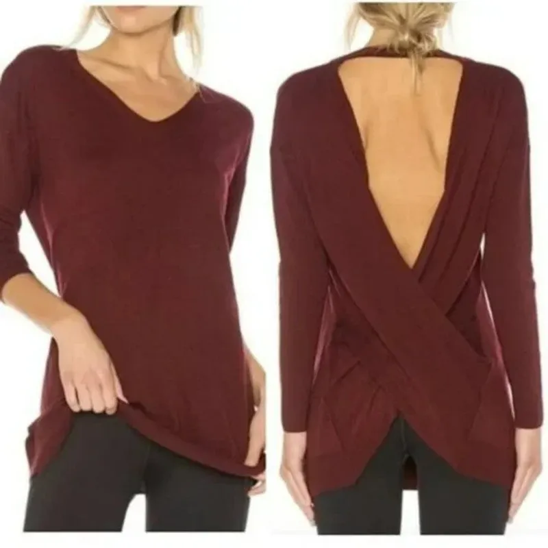 NWT Vimmia Shavasana Burgundy Open Back V-Neck Sweater Women's Size Medium - Image 5