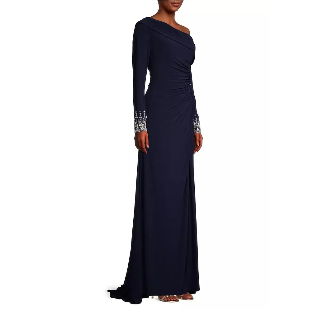 Mac Duggal 12231 Midnight One-Shoulder Jersey Ruched Side Slit Gown 12 - Image 4