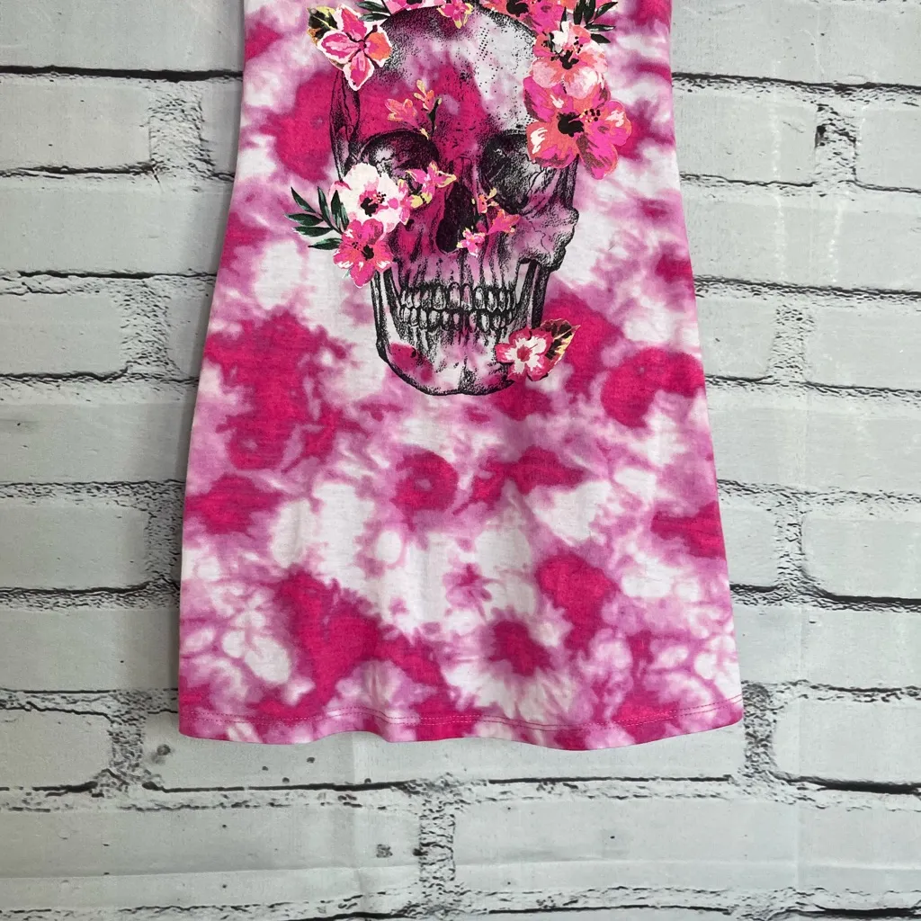No Boundaries Skeleton Floral Graphic Tee S Pink White Tie Dye Goth Punk Grunge - Image 5