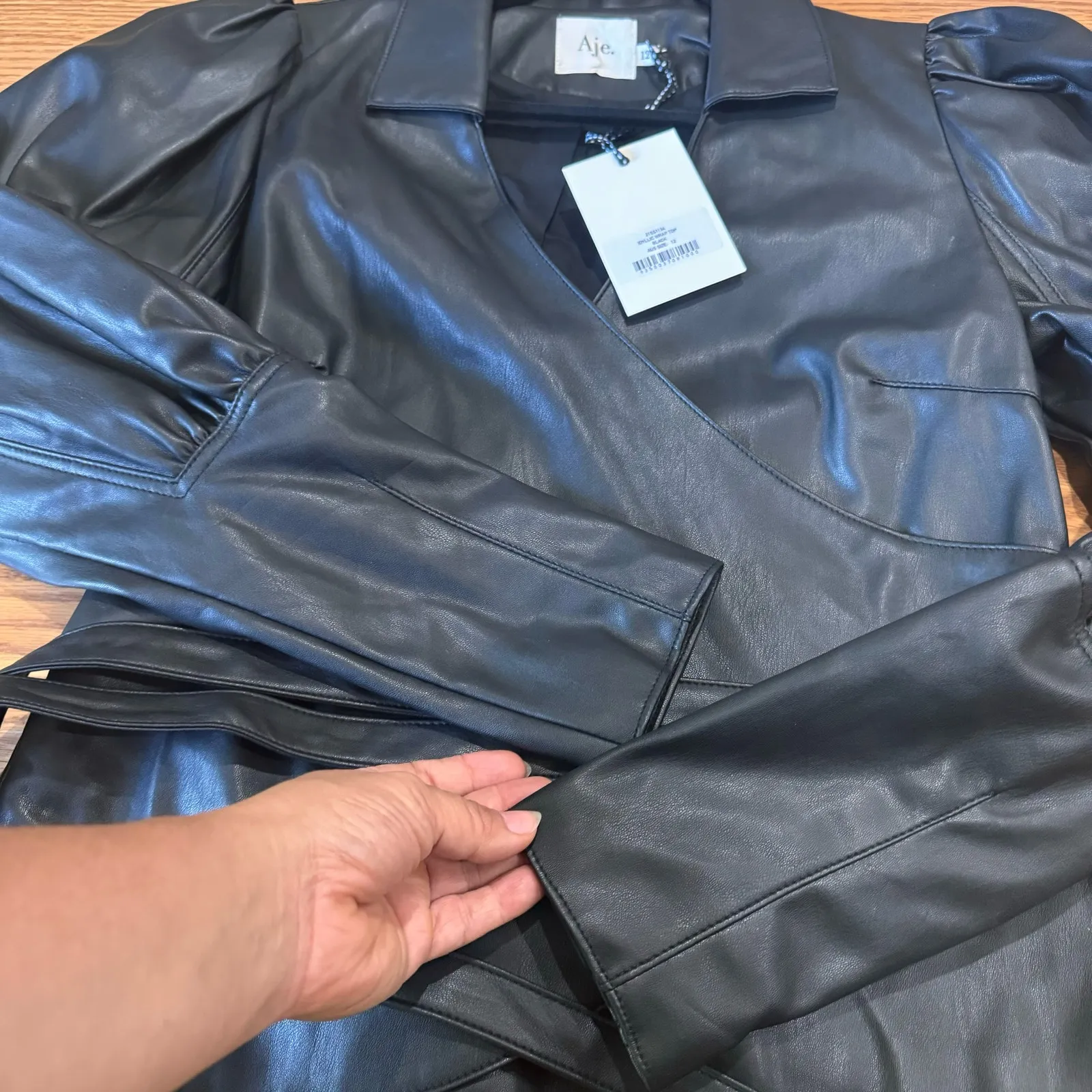 AJE. faux leather Idyllic Wrap Long sleeve Top in Color Black size 12 / Us 8 - Image 15