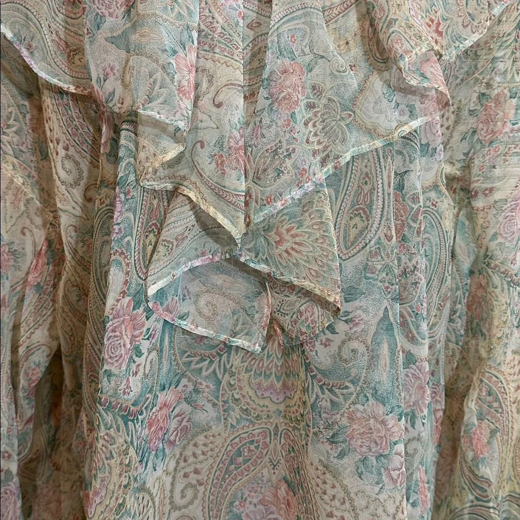 Victoria's Secret Vintage Gold Label Sheer Blue Floral Print Peasant Blouse M/L - Image 4
