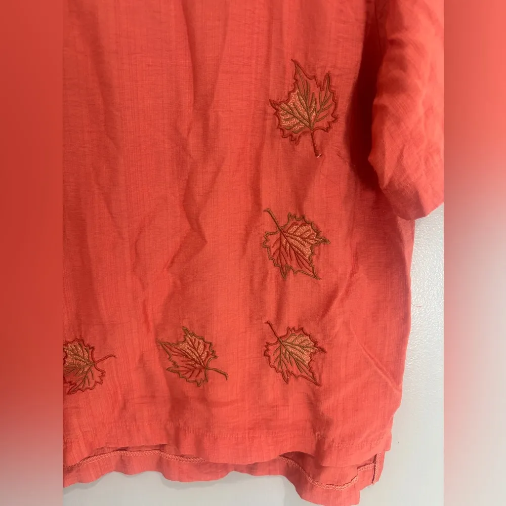 Fall Leaves Autumn Lightweight Linen Cotton Blend M/L Short Sleeve blouse Orange Size M - Image 2