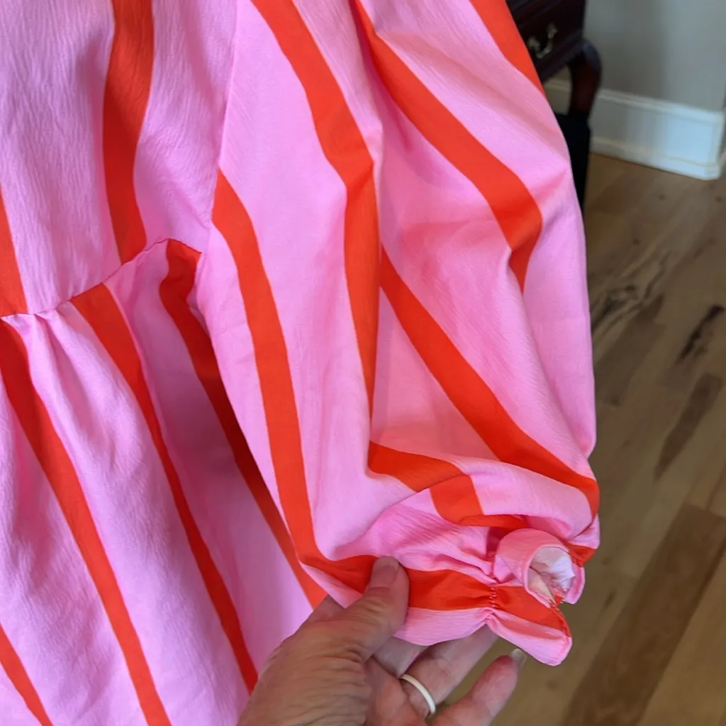 Colorful Fun Pink Orange Stripe Blouse New Poplin - Image 6