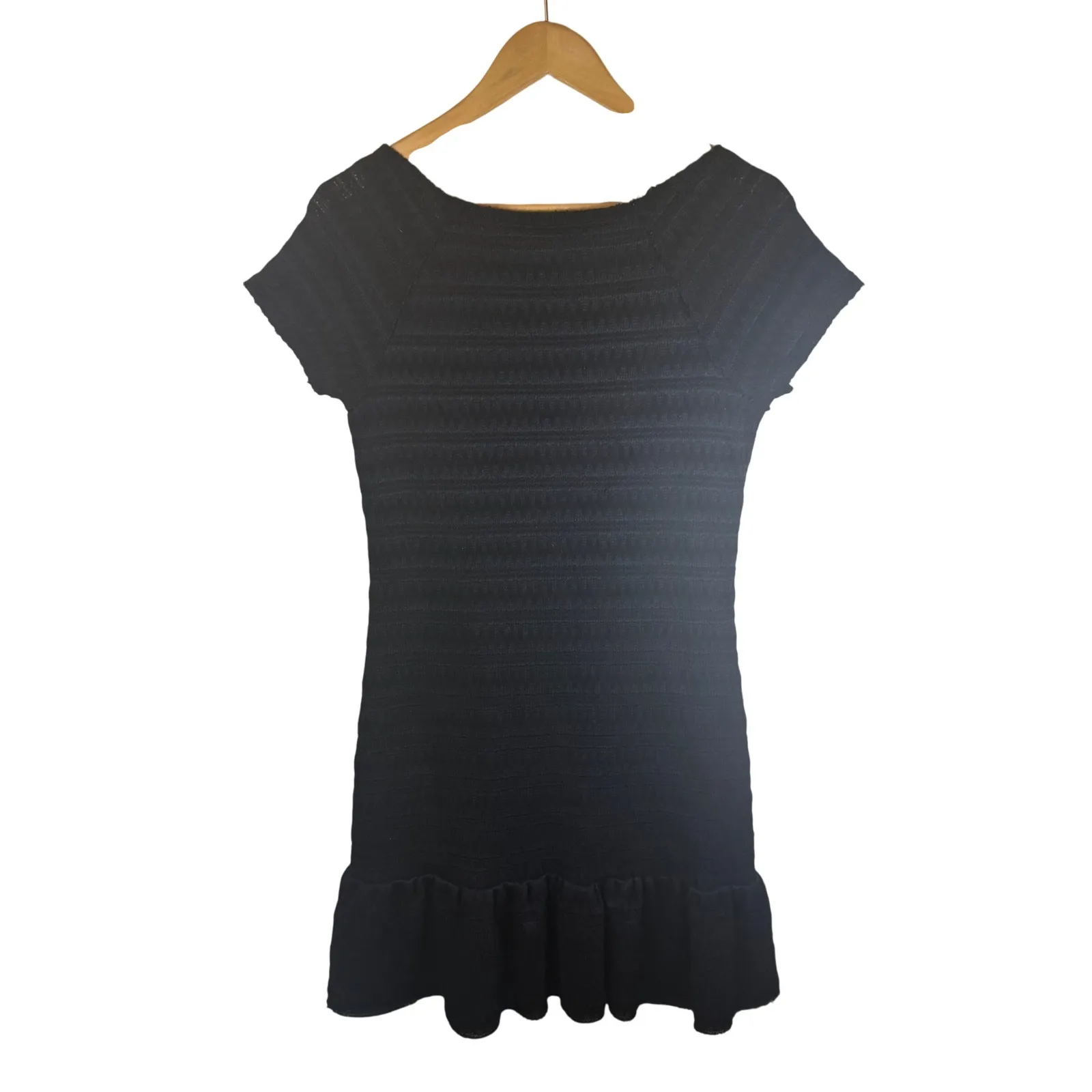 Free People Cozy Day Knit Black Flounce Cap Sleeve Ruffle Hem BoHo Mini Dress LG - Image 7