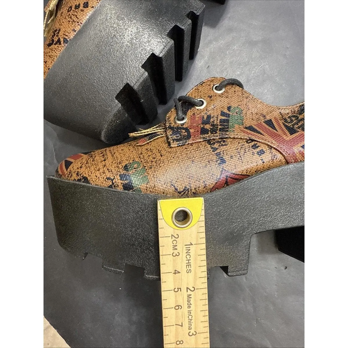 CS T&P Harajuku Platform Shoes UK Punk Print Brown Chunky Lace Up Goth Size M - Image 12