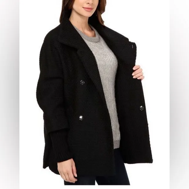 Calvin Klein Peacoat Black Asymmetrical Coat w/Knit Sleeves Size 10 Oversized - Image 2