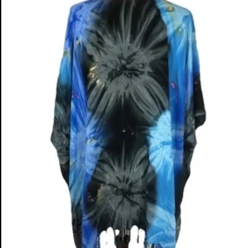Tie dye Blue and Black Swim Coverup with Fringe batik world rayon Size undefined - Image 2