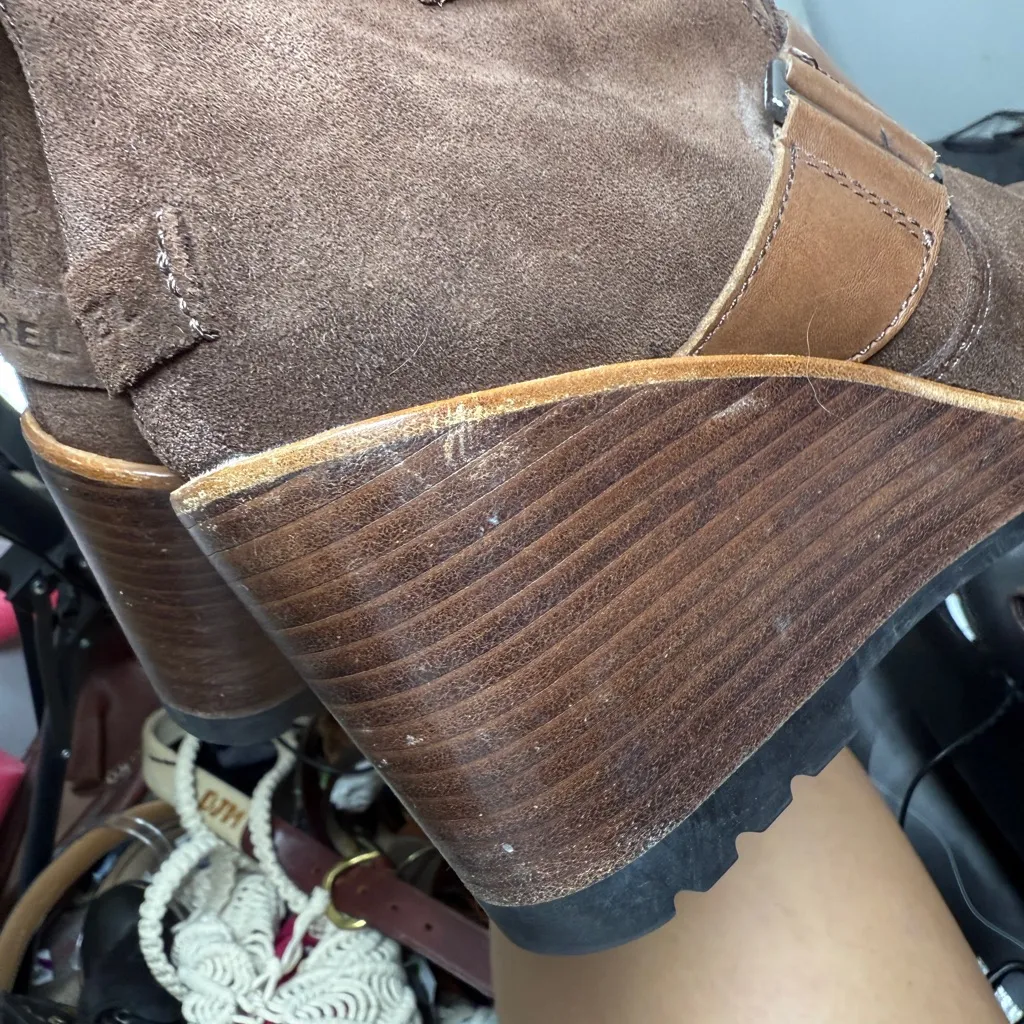 SOREL After Hours Brown Suede Wedge Ankle Bootie SZ US 7.5 Heeled Boot Lug Sole - Image 10