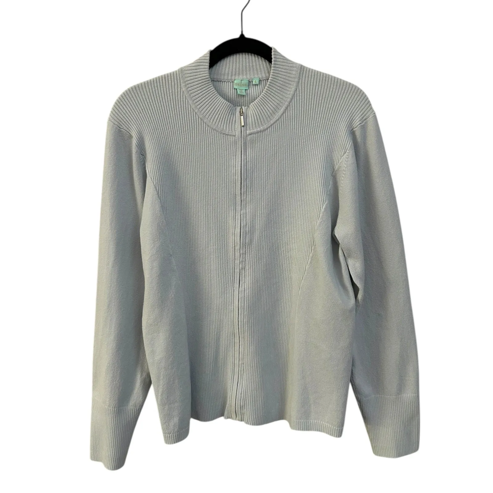 Shu Shu Anthropologie Blue Zip Up Cardigan Sweater Ribbed Knit Long Sleeve Large - Image 2