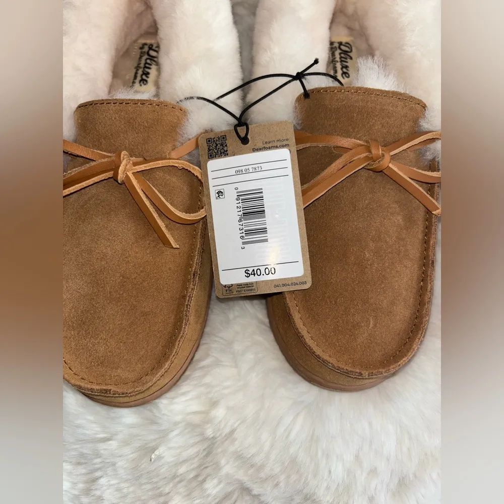 Genuine Leather dearfoams Deluxe Sherpa Fur Slippers -Size 6 NWTS NEW - Image 4