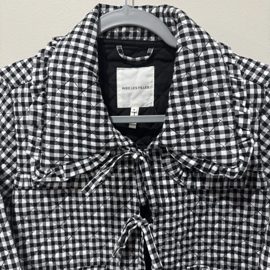 New! Avec Les Filles Sz M Quilted Cotton Tie Front Jacket Gingham Dainty Ruffle - Image 5