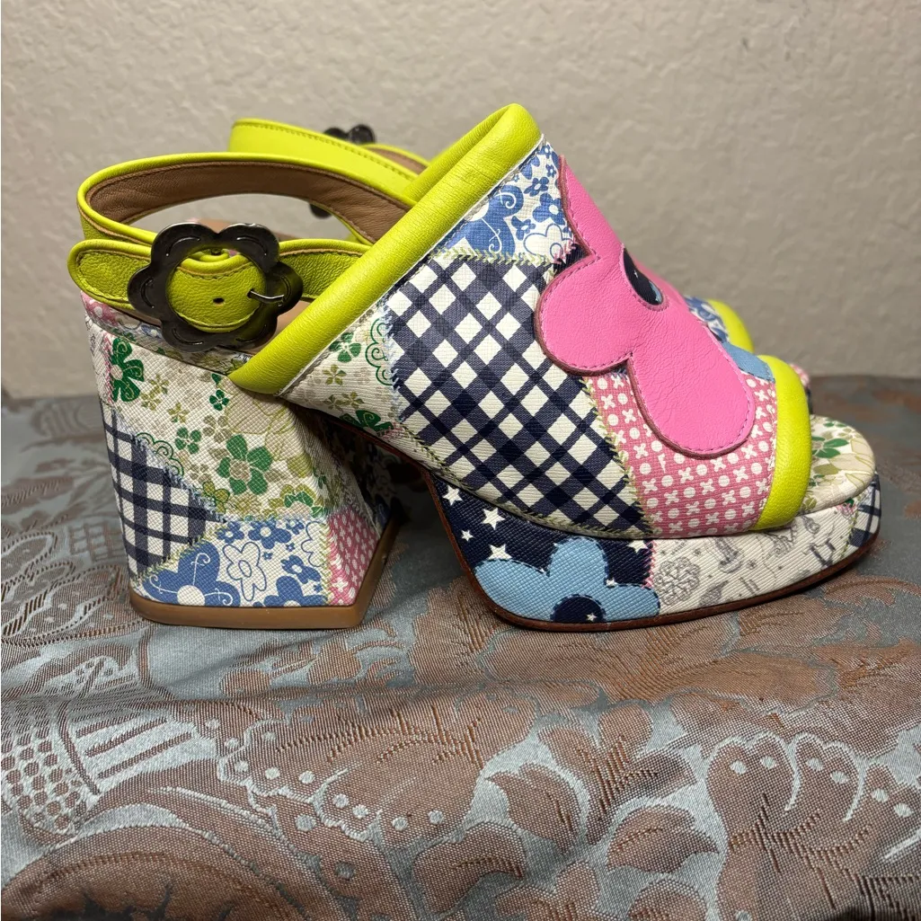 John Fluevog Picnic Riverdale Patchwork Slingback Platform Heels Size 8 - Image 7