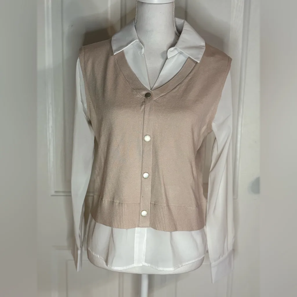 Sioni Mixed Media Long Sleeve Top Tan Size M - Image 2