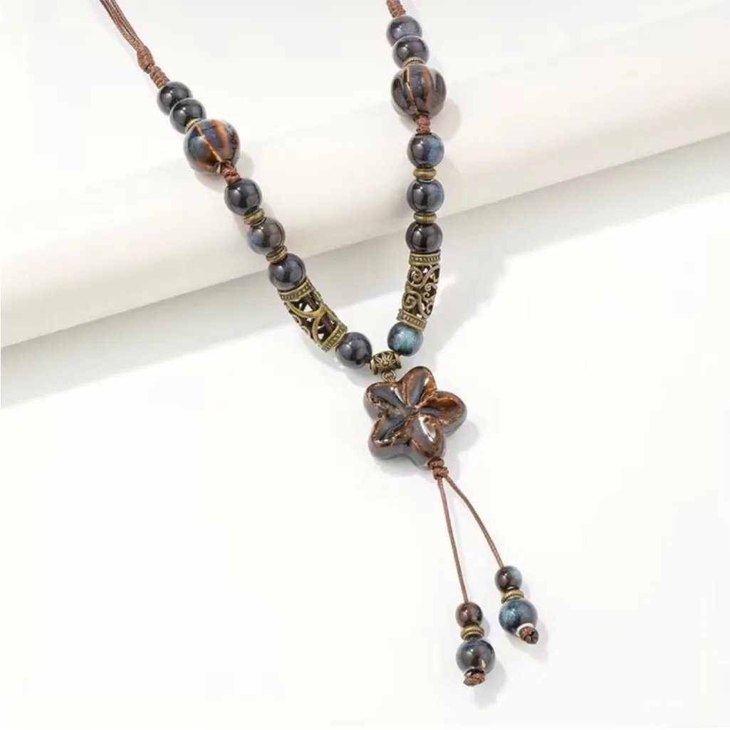 Bohemian Beaded‎ Ceramic Necklace Ethnic Style Flower Pendant Necklace Brown - Image 9