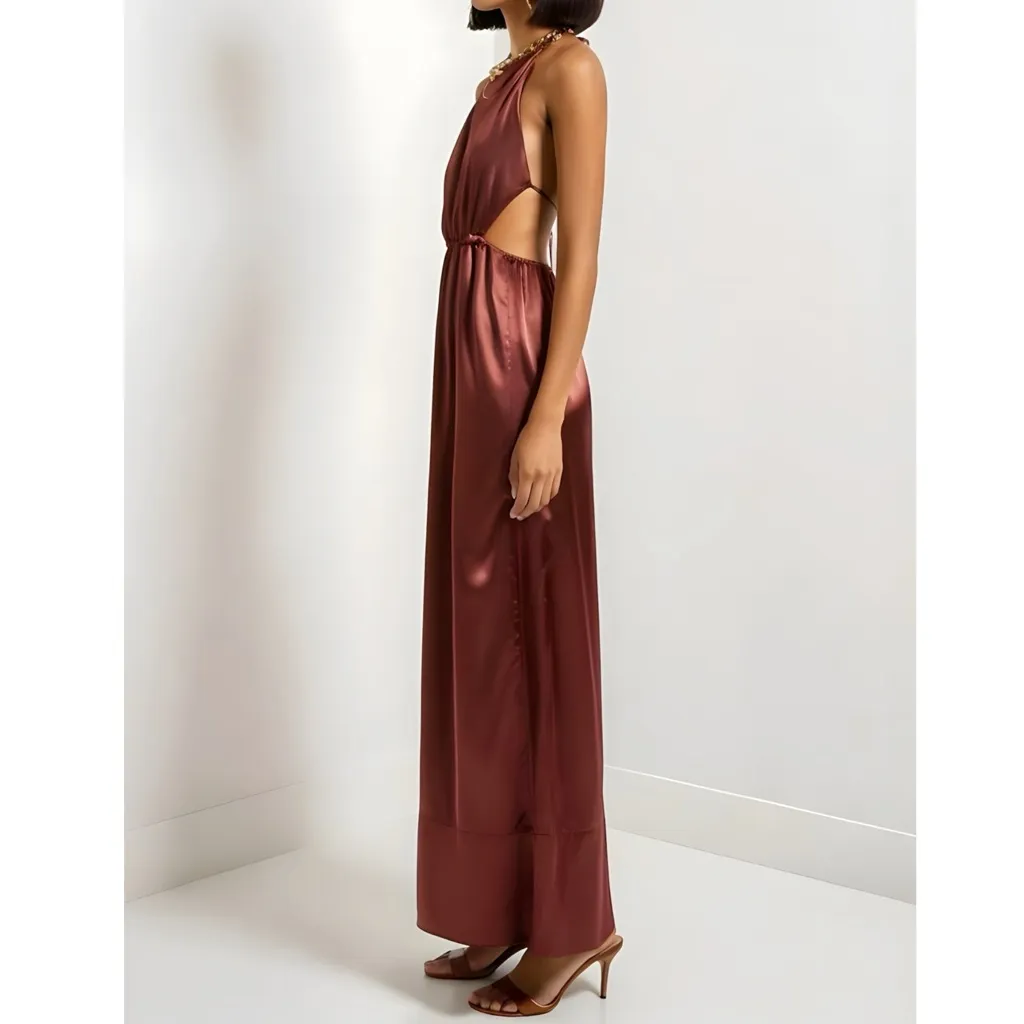 STAUD Sidney Halter Maxi Dress, Tawney Port, Medium - Image 3