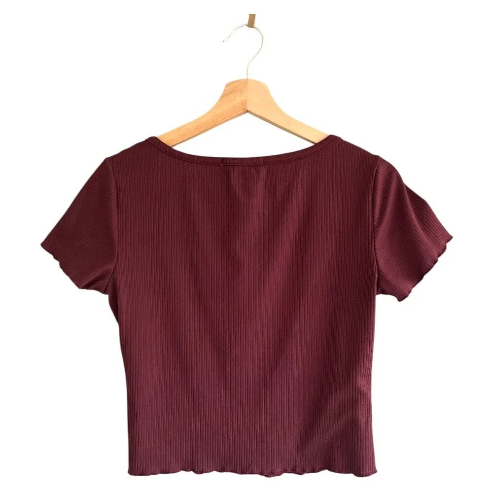 Pink Rose LARGE Burgundy Red Crop Top Shirt Short Sleeve Henley - Image 2