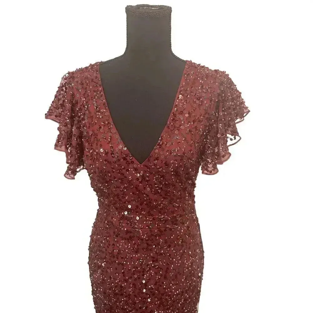 NEW- NWT Mac Duggal SEQUINED V NECK FLUTTER CAP SLEEVE TRUMPET DRESS SZ 0 - Image 6