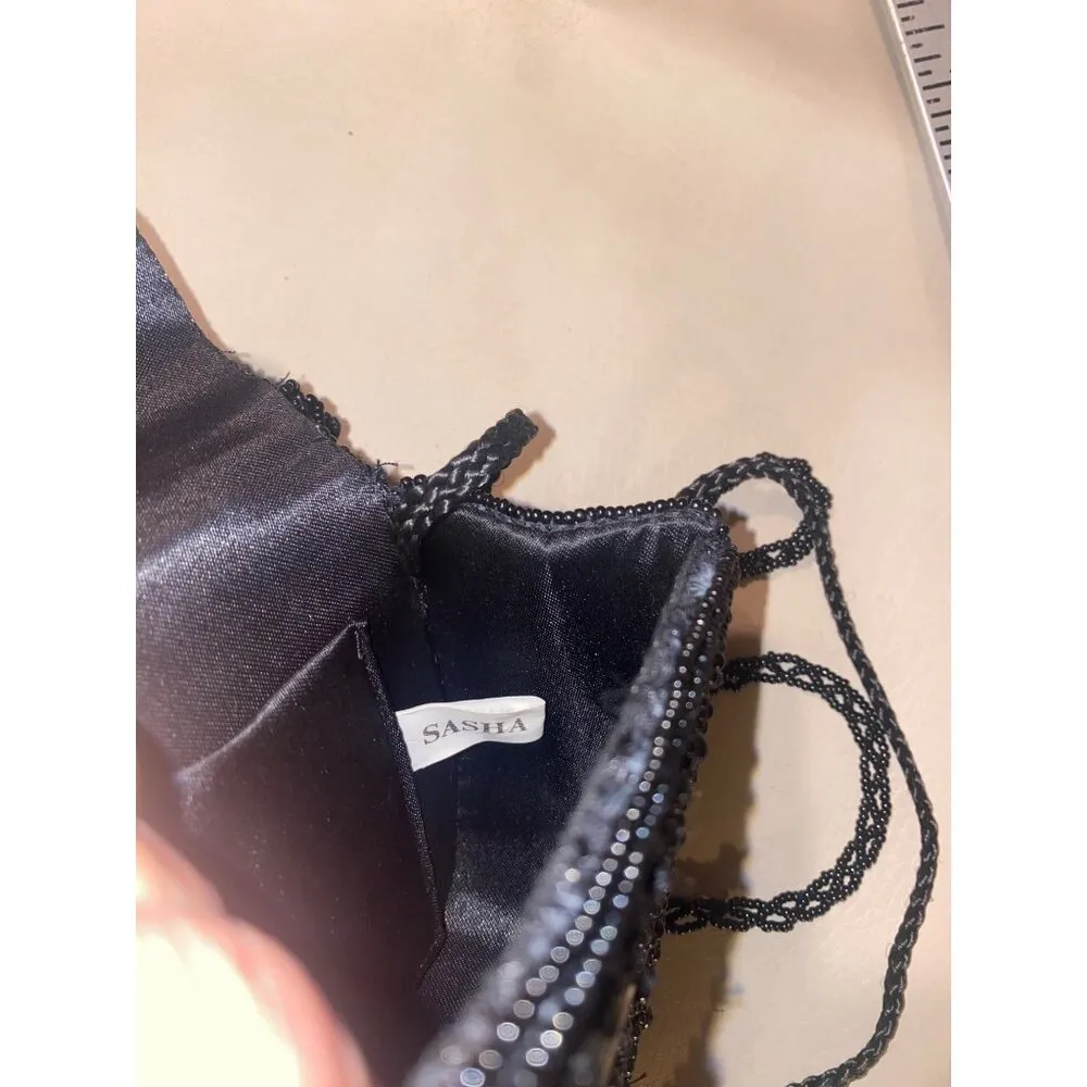 Beaded Sasha Evening Bag With Intricate Design & Long Strap Black - Image 4