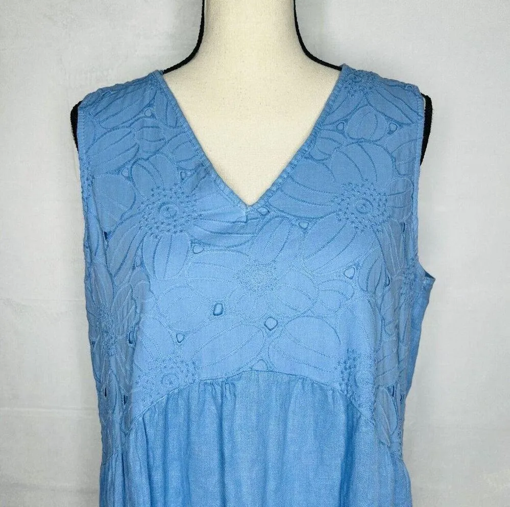 Rosemarine 100% Linen Dress Blue Midi Tiered Sleeveless Size L Lagenlook Italy Size L - Image 2