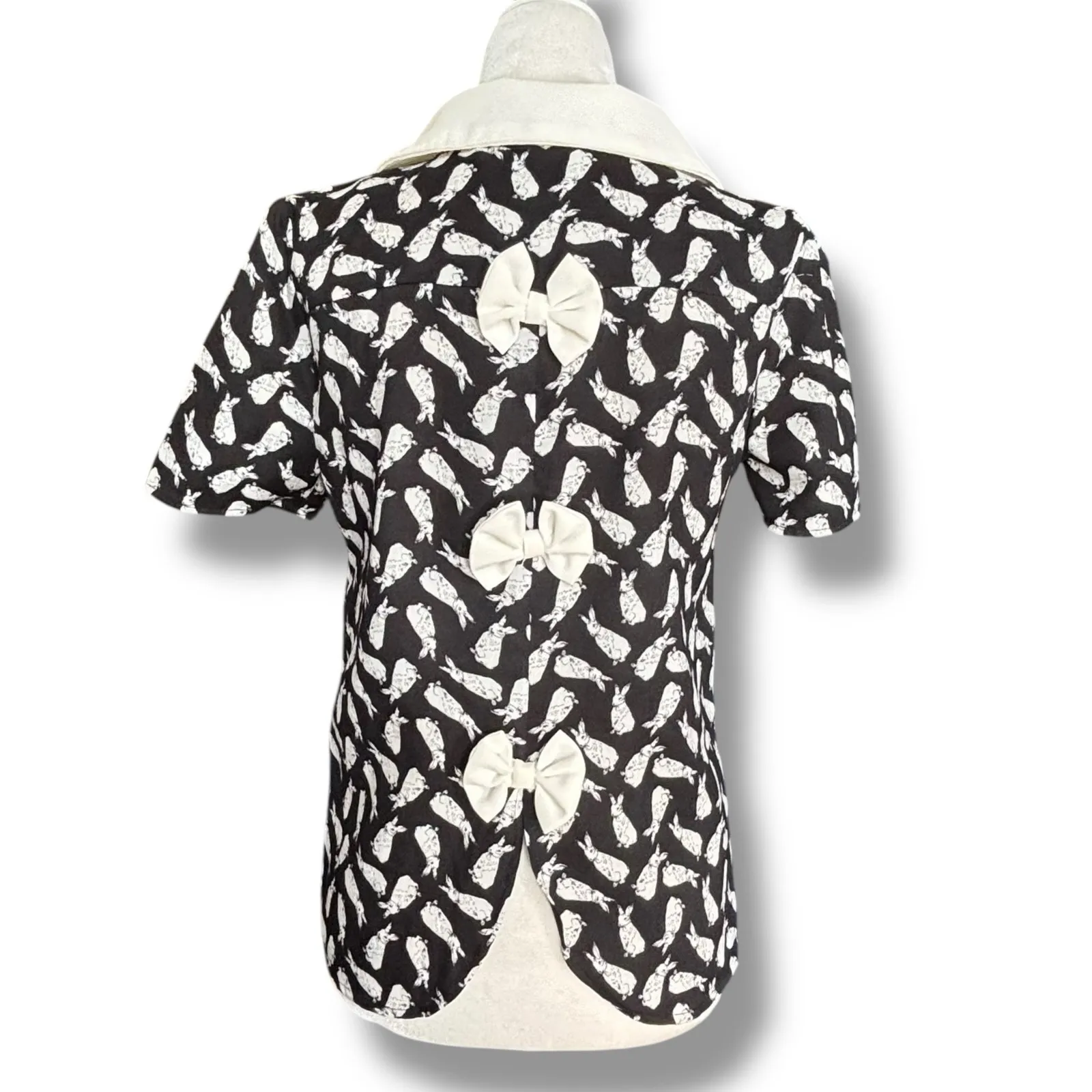 Moon Top Rabbit Print Blouse Black White Exaggerated Peter Pan Collar Bow Tie - Image 6