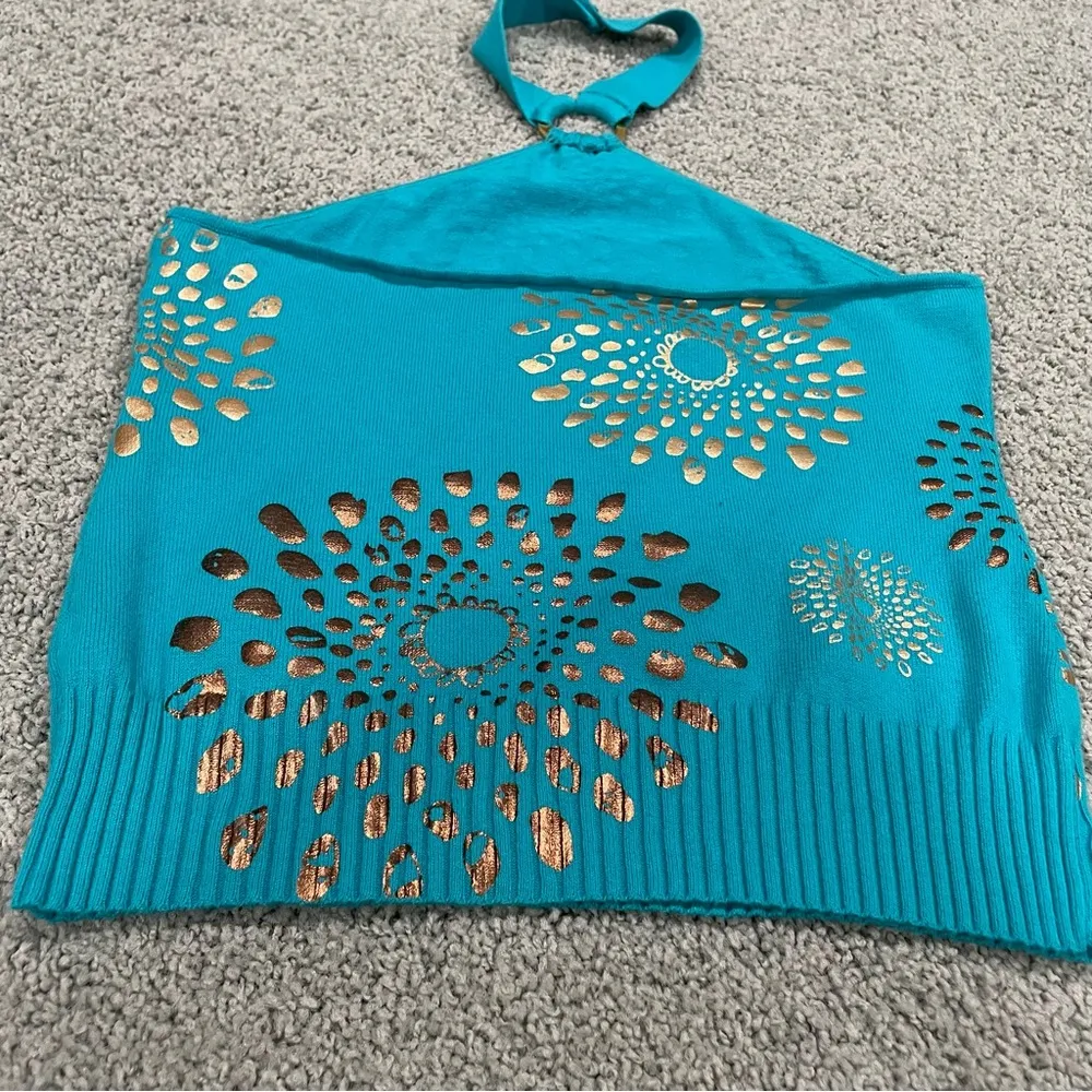 Y2K Halter Top Sz Medium Turquoise Metallic Printed Top Blue - Image 11