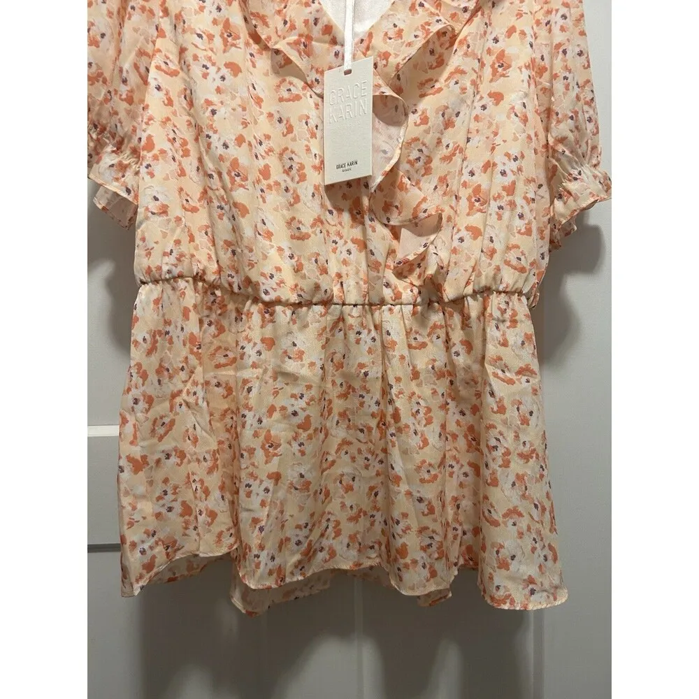New GRACE KARIN Women Elegant V Neck Floral Peplum Top Short Sleeve Size Large - Image 3