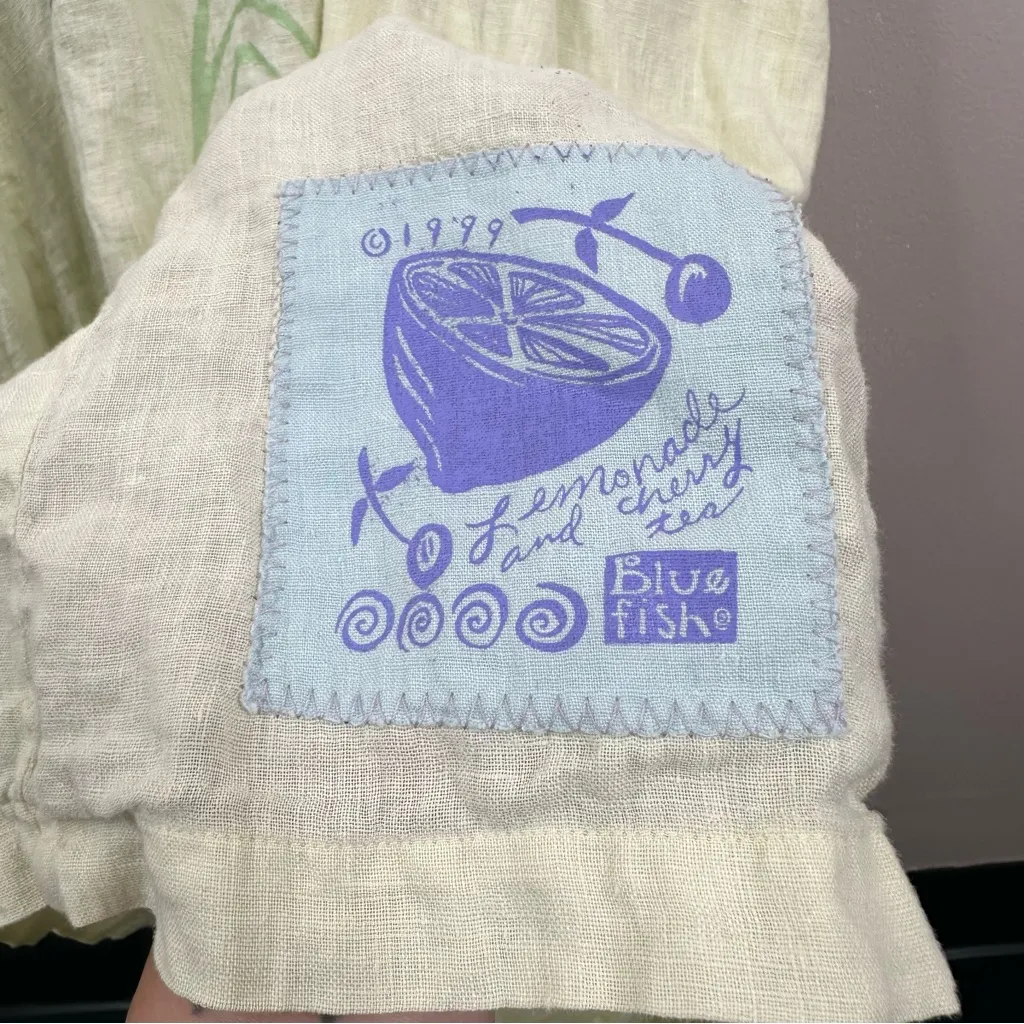 Blue Fish Vintage Midi Dress Womens Size 1 Yellow Linen Hand Painted Artsy 1999 Size L - Image 11