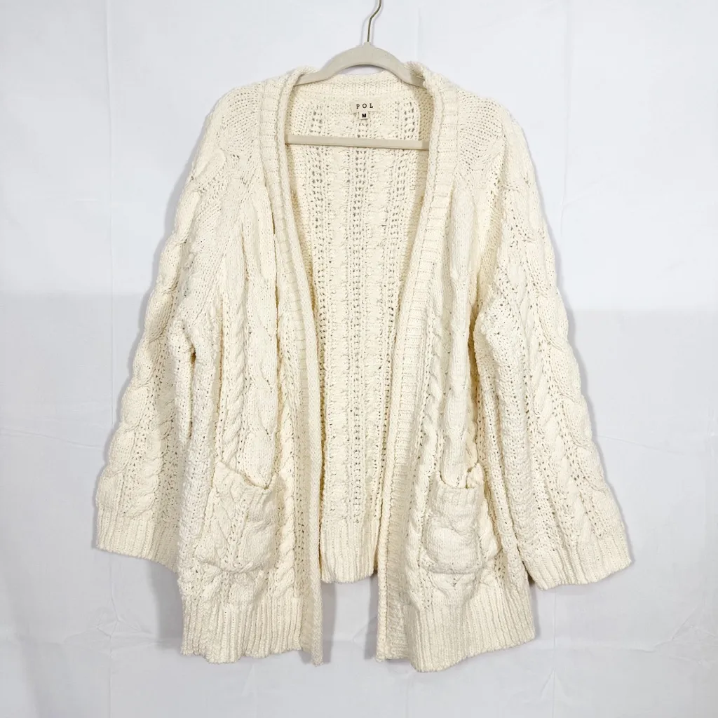 POL Cable Knit Open Front Fisherman Cardigan Sweater Ivory Oversized Chenille - Image 2