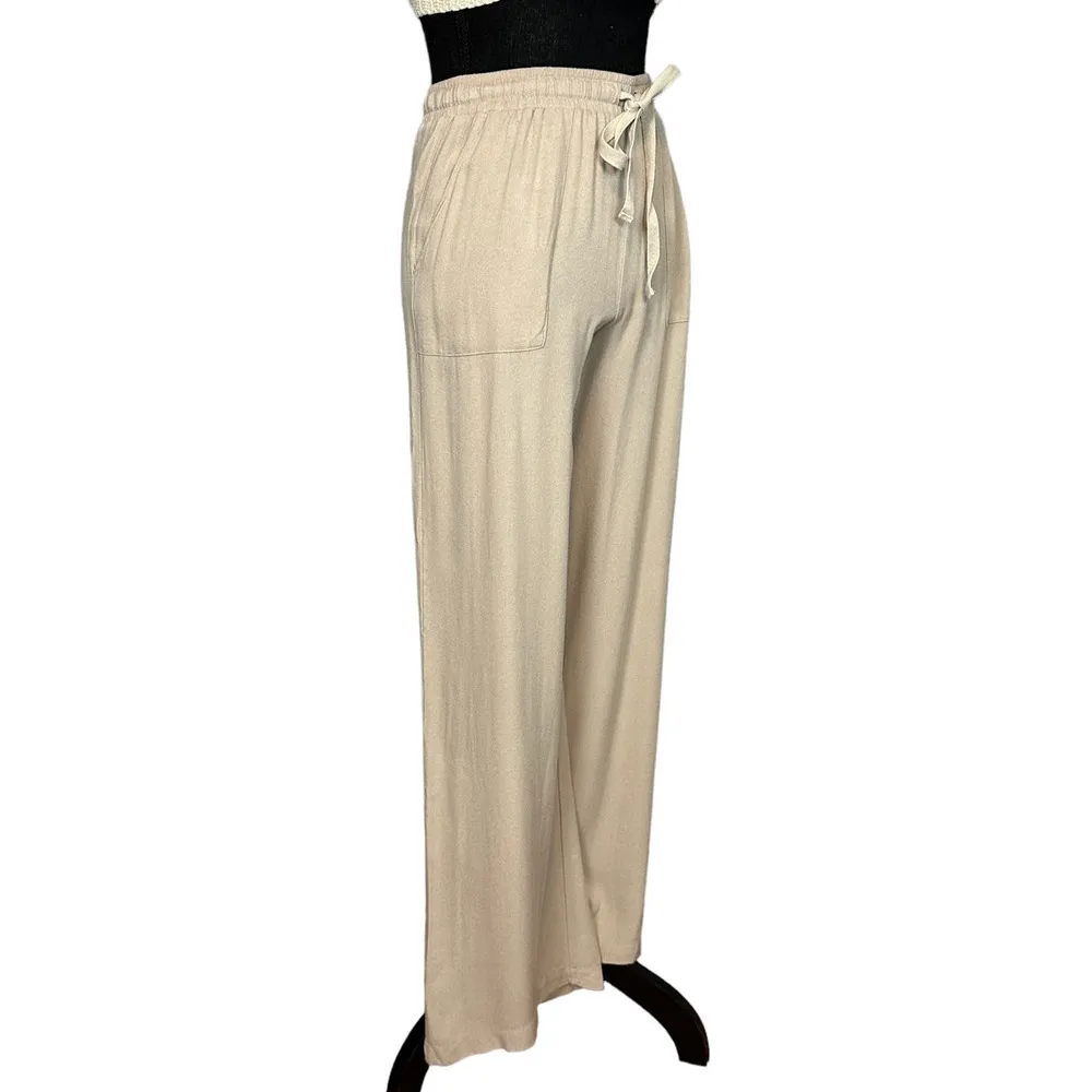 Bobi  High Waist Pant Tan SMALL Wide Leg Long Slouchy Beach Resort 28x35 - Image 6