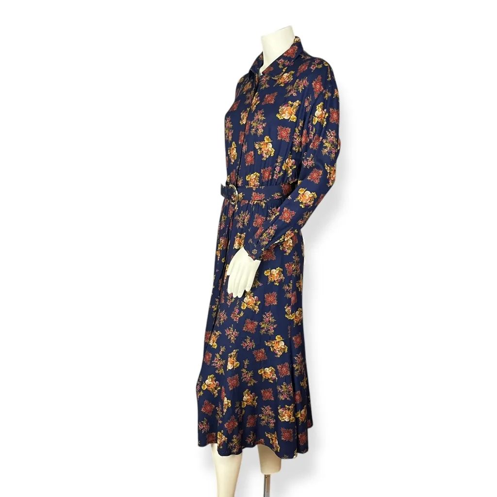 Vintage Floral Midi Dress‎ Navy Blue Long Sleeve Belt Rayon Modest 80s Momcore Size 8 - Image 3