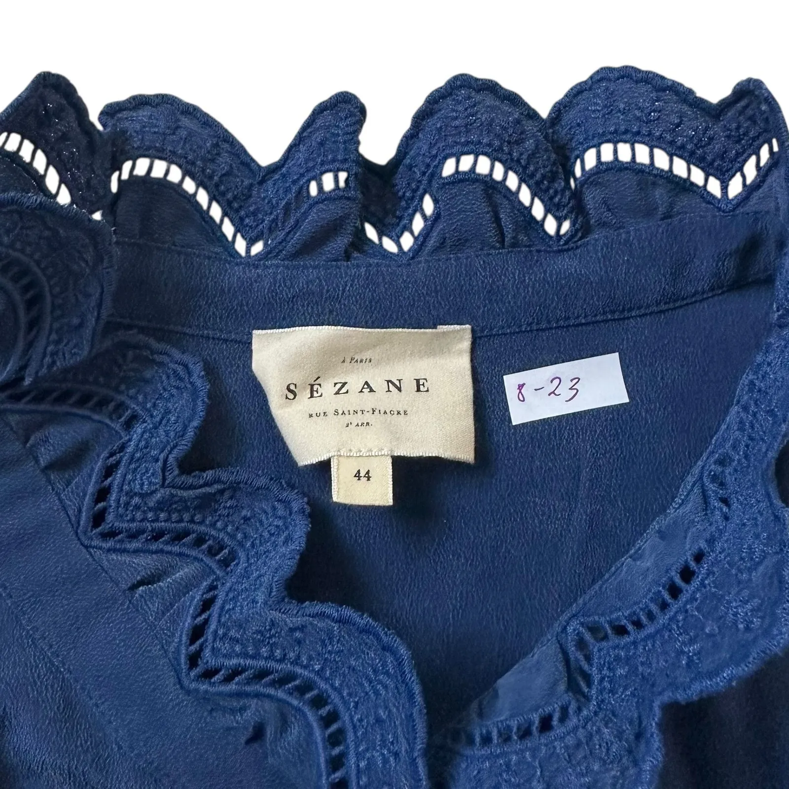 Sezane Blue 100% Silk High Neck Cuff Top Women's Blouse Size 44 or US 12| 8-23 - Image 3