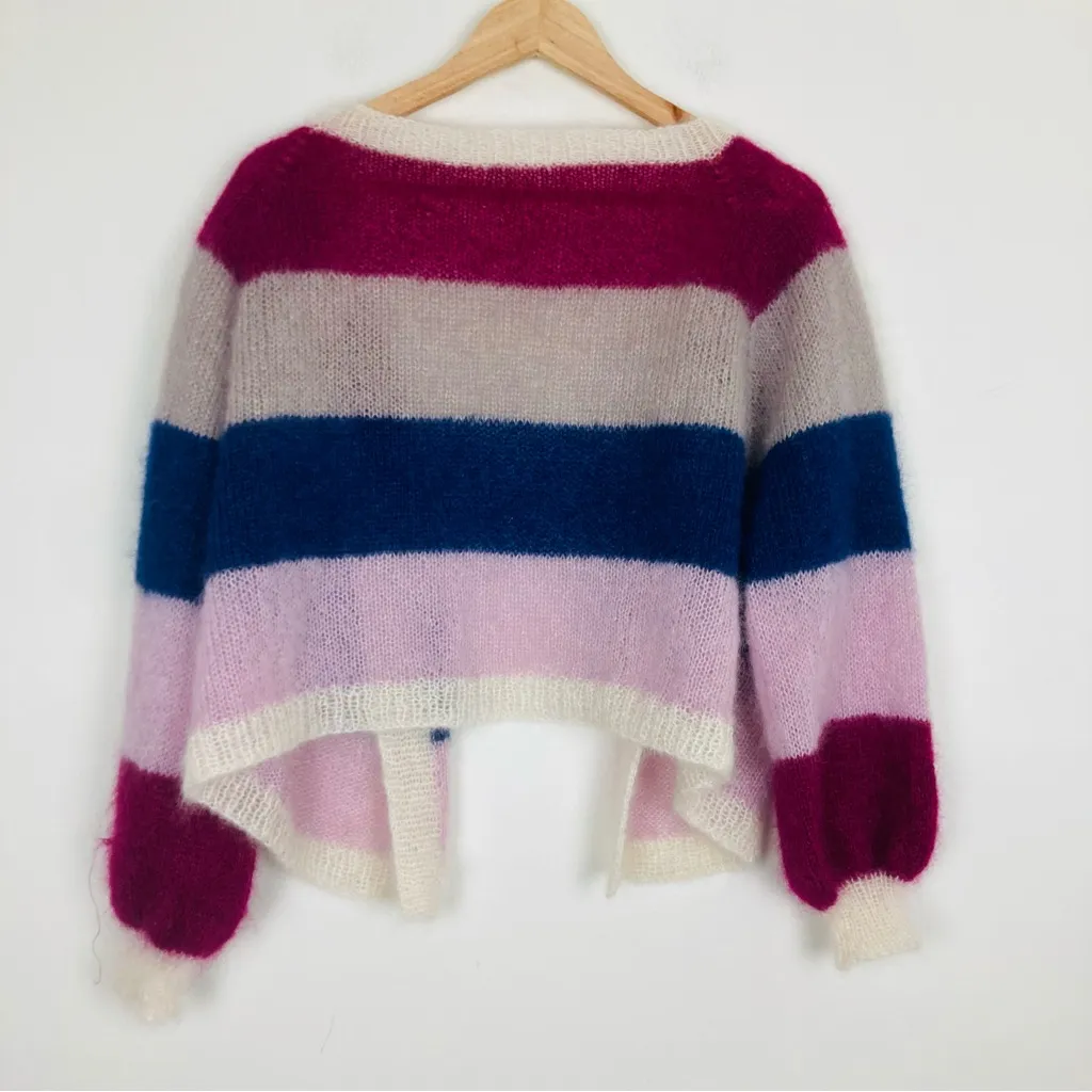Hand knit, purple, blue, pink and white mohair open balloon, sleeved cardigan. M Purple Size M - Image 4