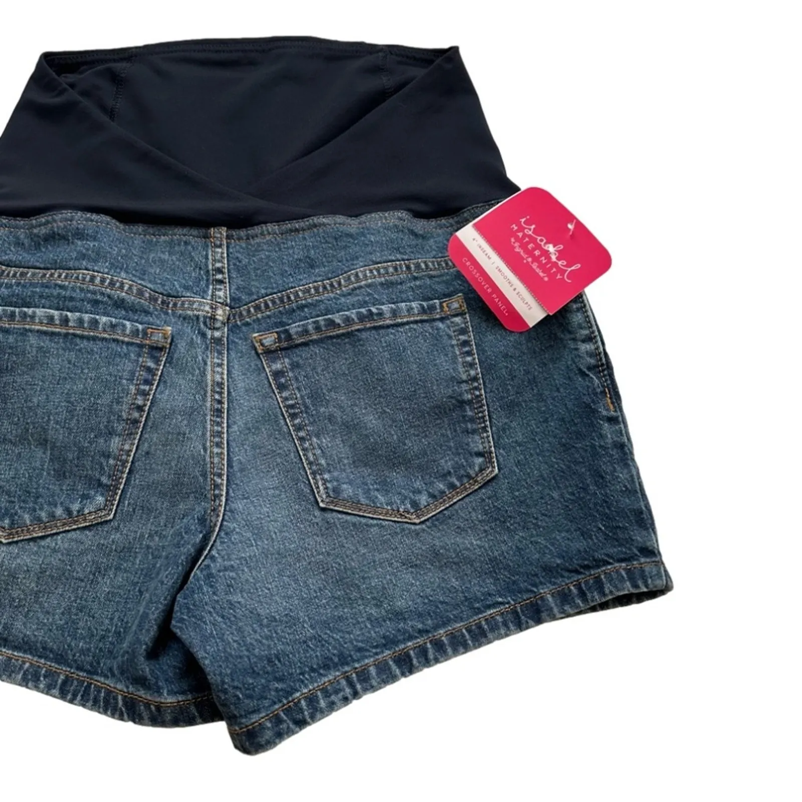 Isabel Maternity Shorts Crossover Panel Stretch Denim Jean Midi Short Size 2 NEW Blue - Image 6