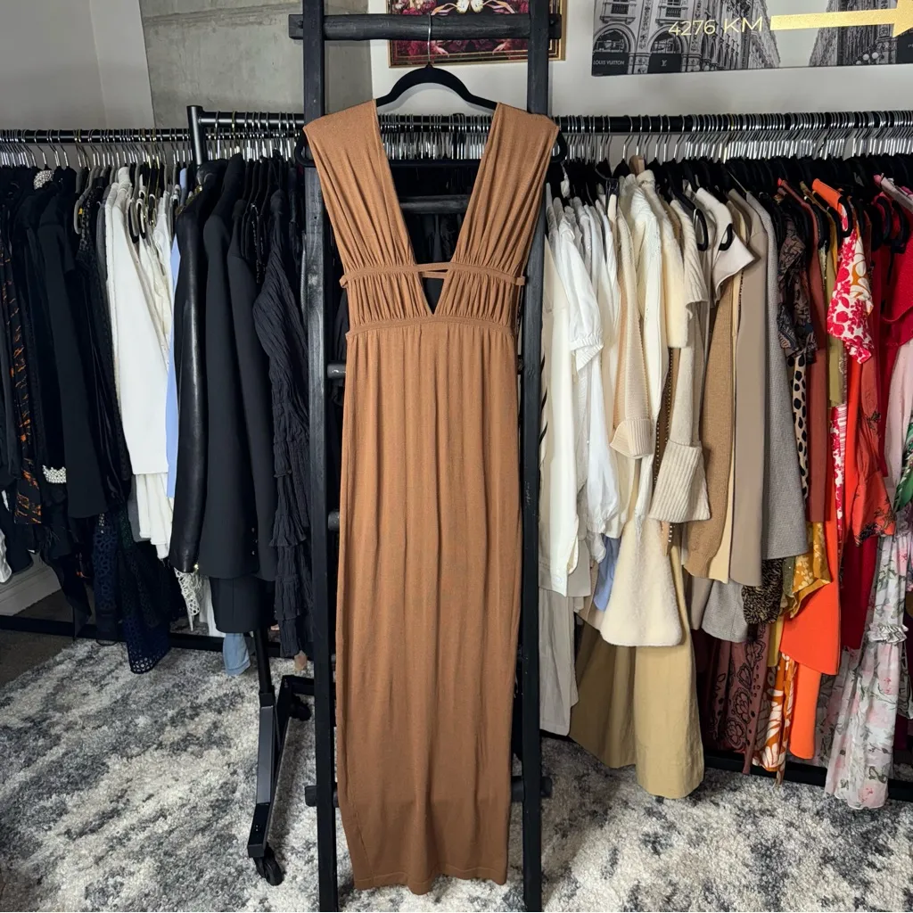 Ronny Kobo Charlie Dress Driftwood Brown Ruched Cutout Jersey Maxi - Image 9