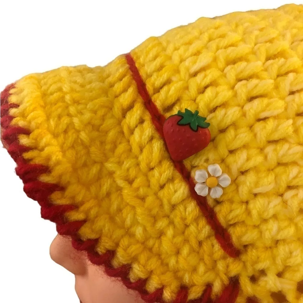 Hand~Knit Beanie W/Brim Retro Yellow Red Attached Flower/Strawberry Grandma NWOT - Image 6