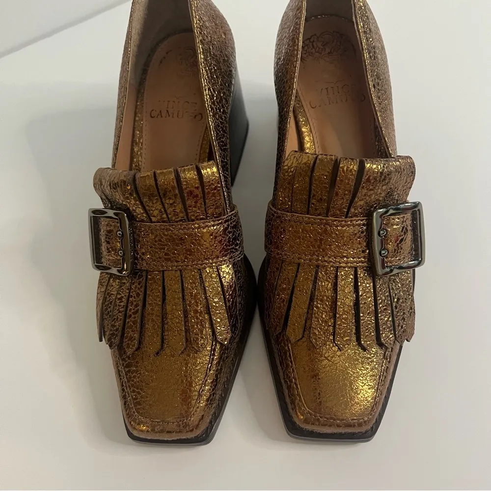 Vince Camuto Sedna Kiltie Block-Heeled Metallic Tailored Gold Loafers - Image 3