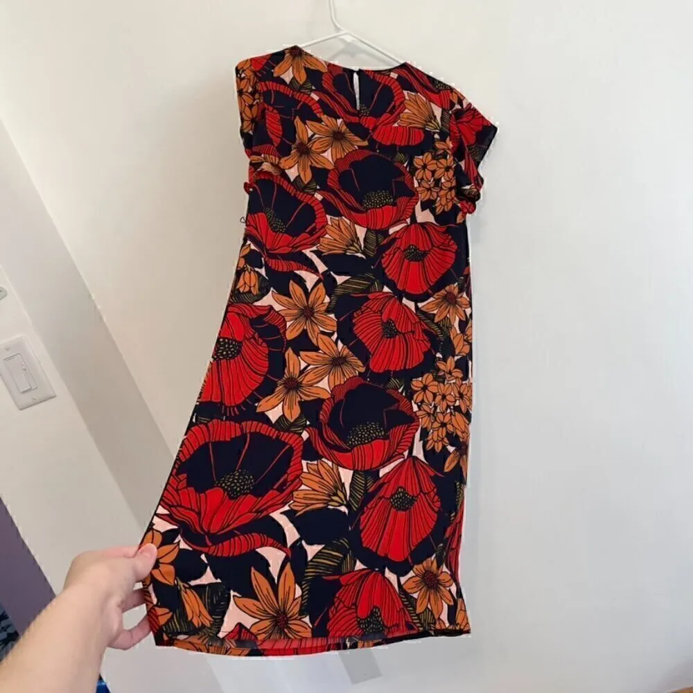 ANN TAYLOR LOFT Autumn Blossom Flutter Dress Red Navy Blue Floral Midi NO BELT - Image 12