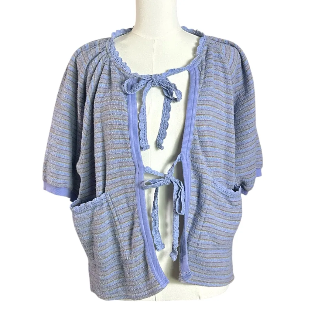Free People Crochet Terry Cloth Sweatshirt Cardigan Periwinkle Stripes Large - Image 11