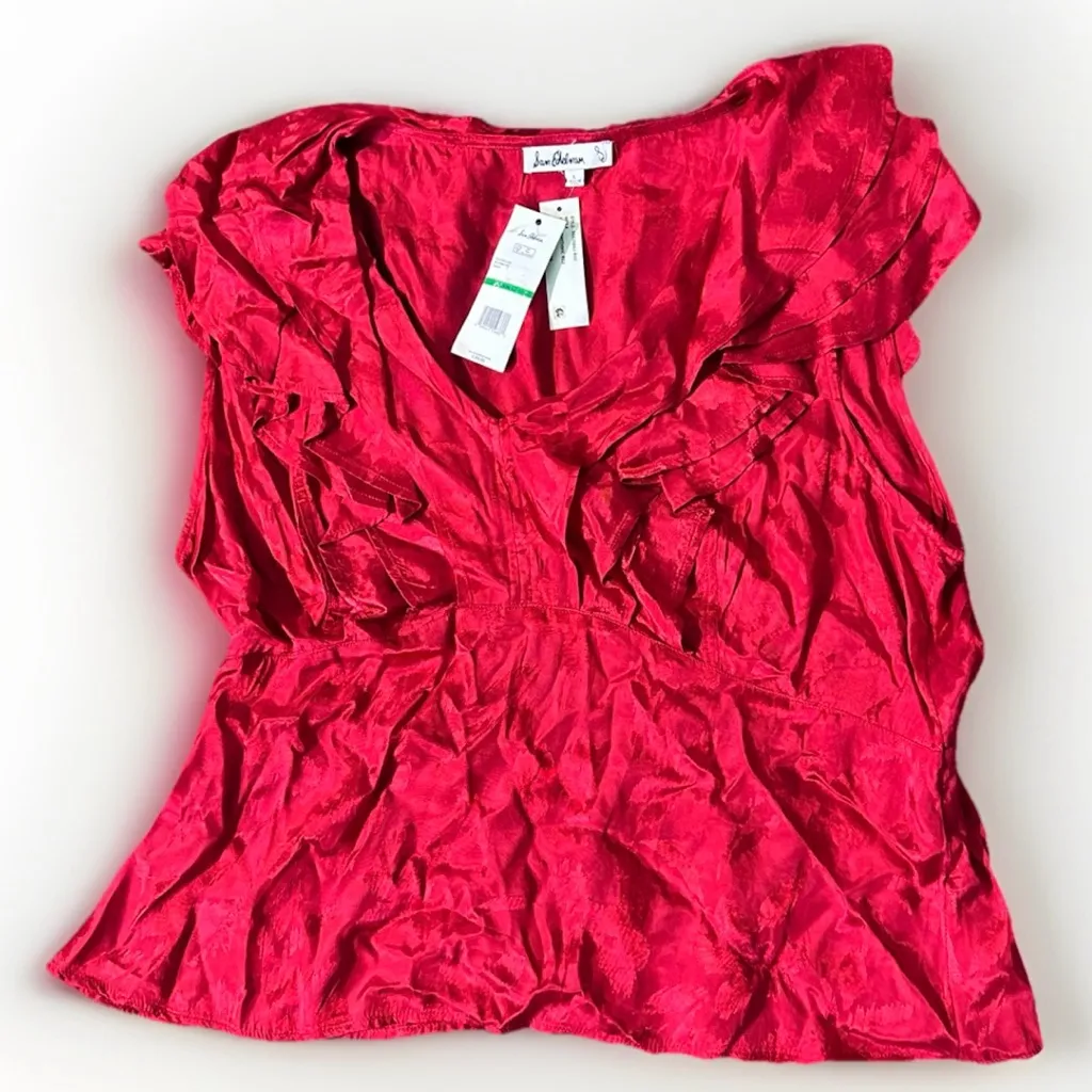 Sam Edelman Maila Ruffle-Trim Red Peplum Top Size L Women's V‎ neck Viscose NEW - Image 6
