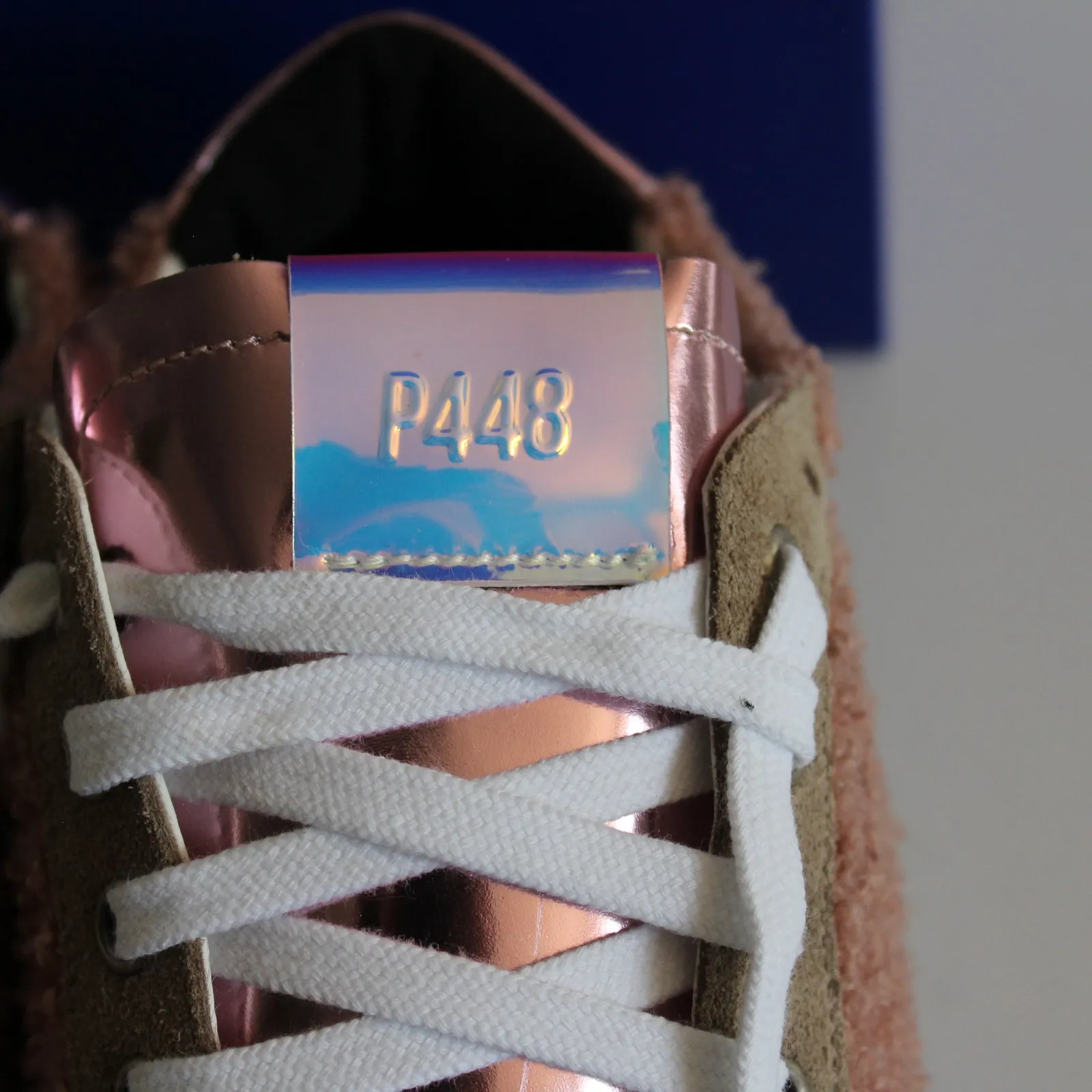 P448 John Sherpa Fuzzy Pink Holo Tan Suede Blue Sneakers - Image 6