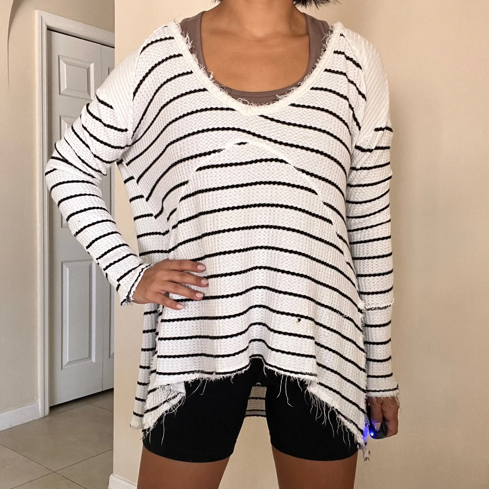 Free People Raw Hem Waffle Knit Striped Long Sleeve High Low Top Size XS - Image 8