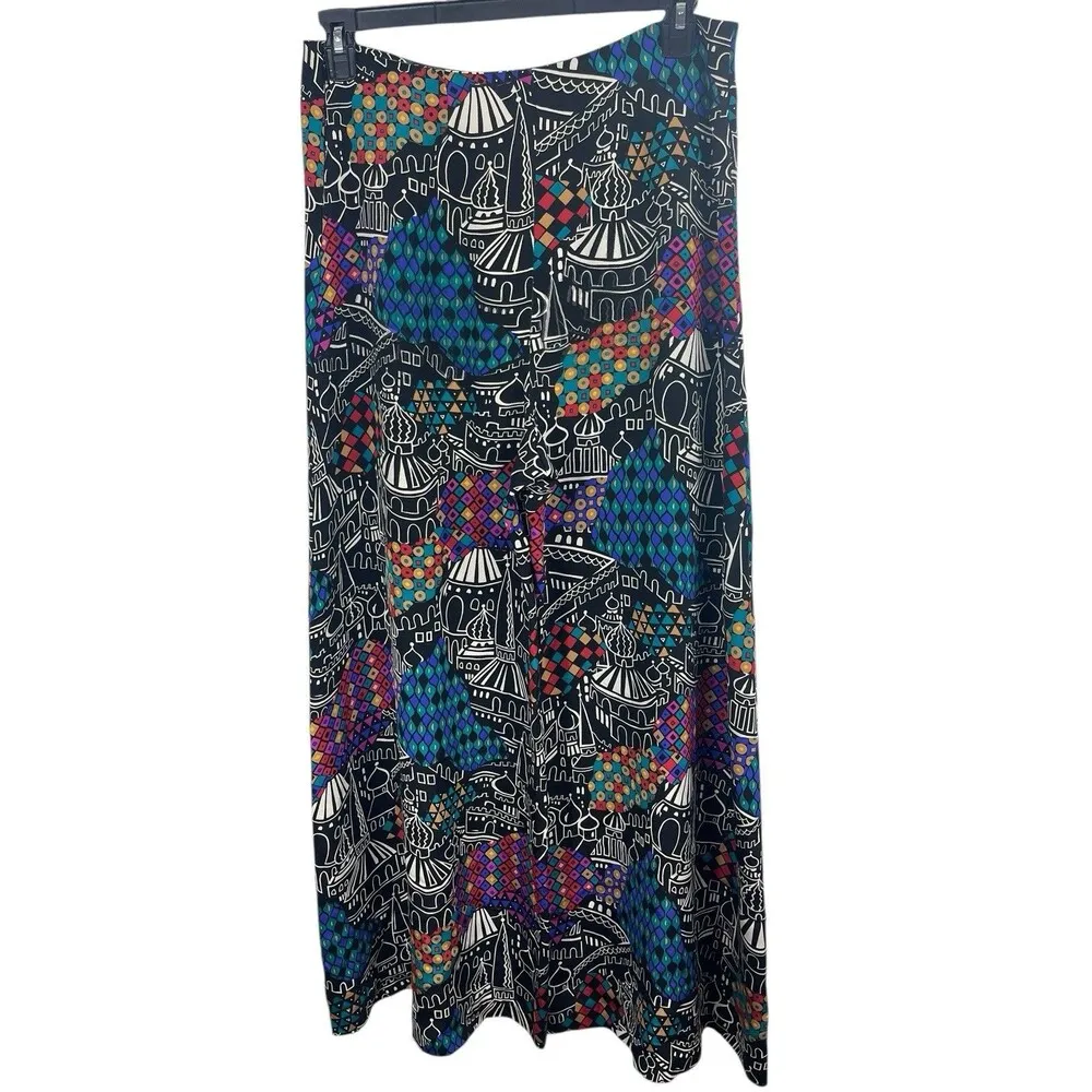 Laura Tanzer 100% Silk Bold Abstract European Cityscape Wide Leg Palazzo Pants L Black Size L - Image 4
