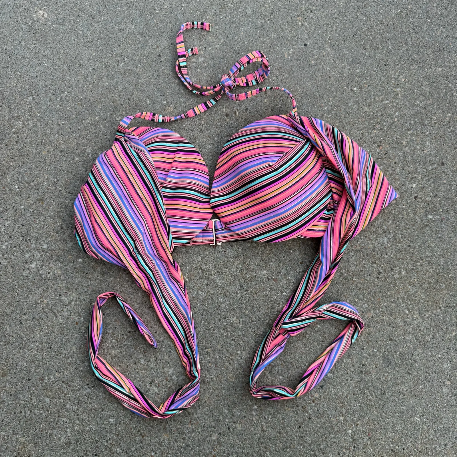 Victoria's Secret 34DD The Wrap Halter Bikini Top Pink Orange Purple Stripe - Image 2