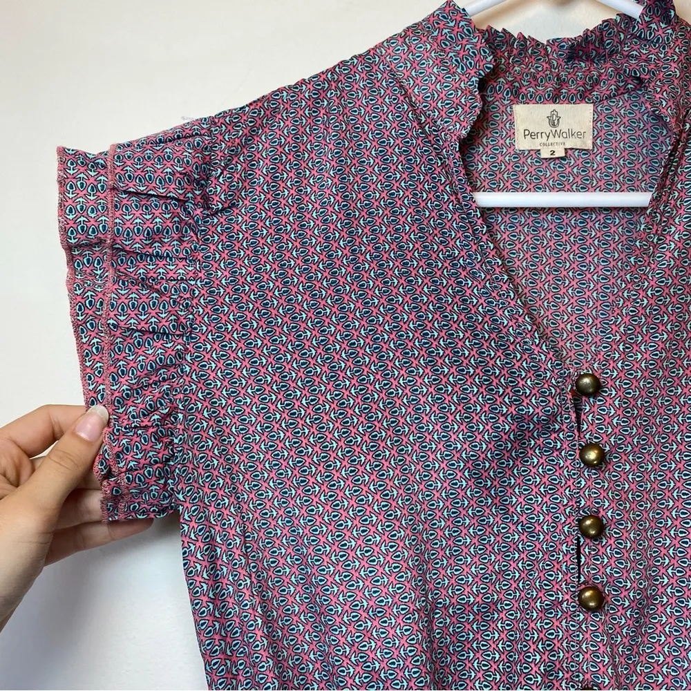 Perry Walker | Cornelia II Ruffle Sleeve Tiered Midi Dress Silk Pink/Blue Sz 6/8 Pink - Image 5