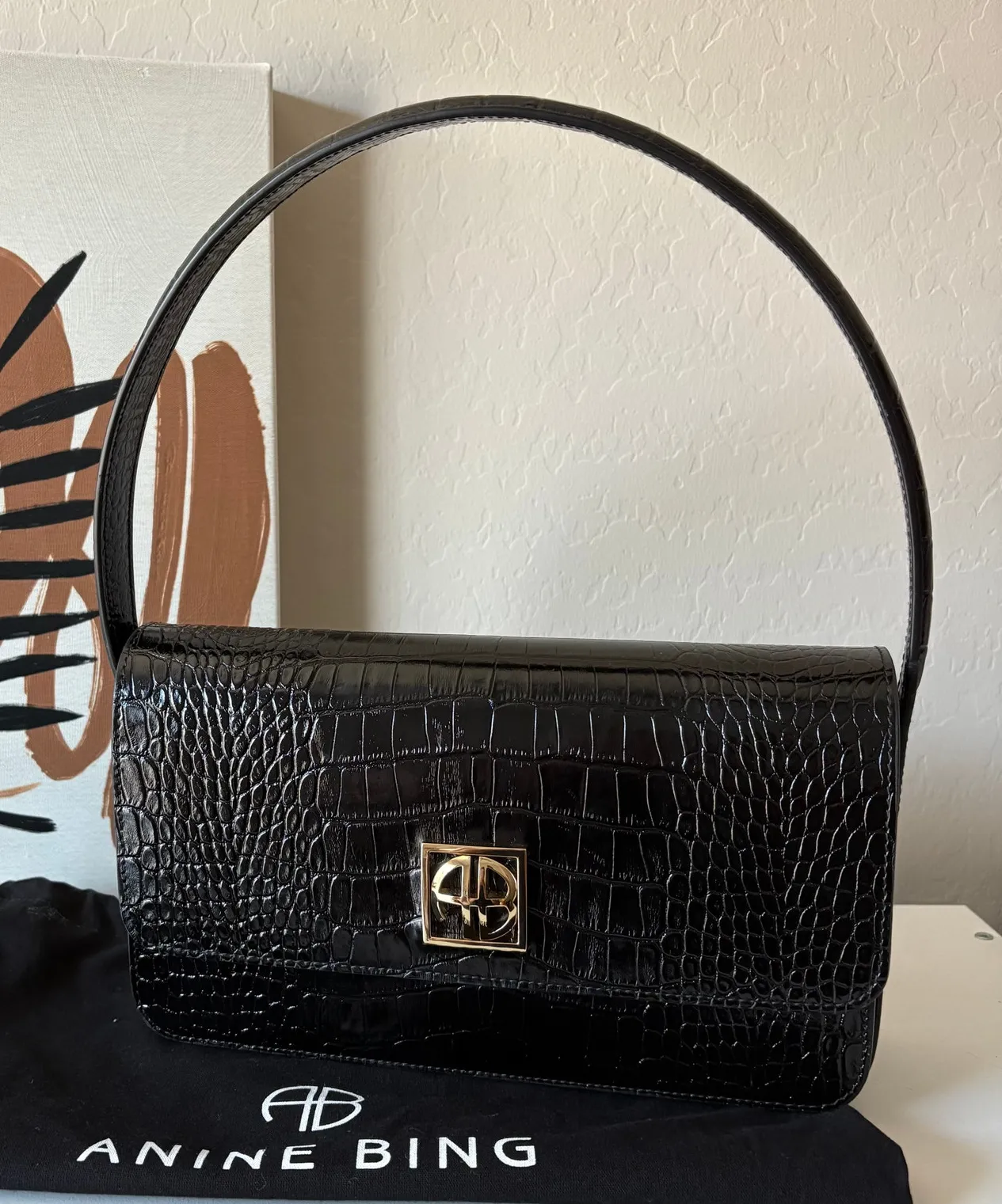 Anine Bing Elly Shoulder Bag Croc Embossed Black Leather Purse - Image 1