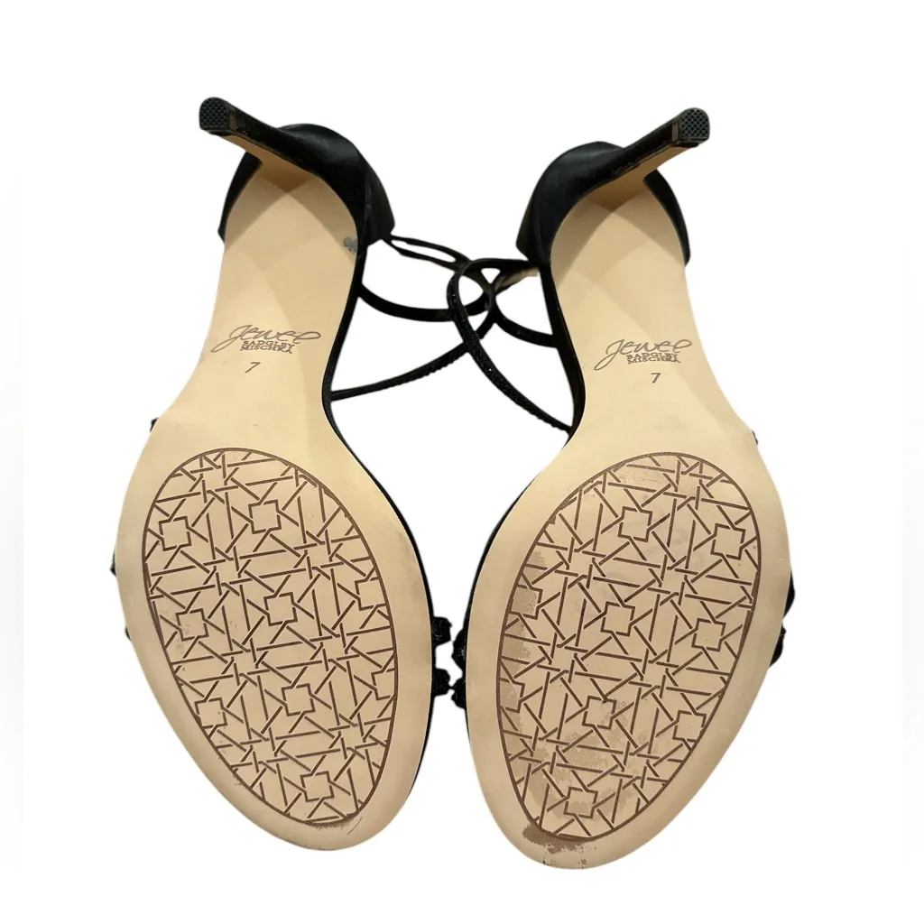 BADGLEY MISHKA JEWEL STILETTO BLACK SATIN ANKLE STRAPPY HEELS SHOES 7 - Image 5