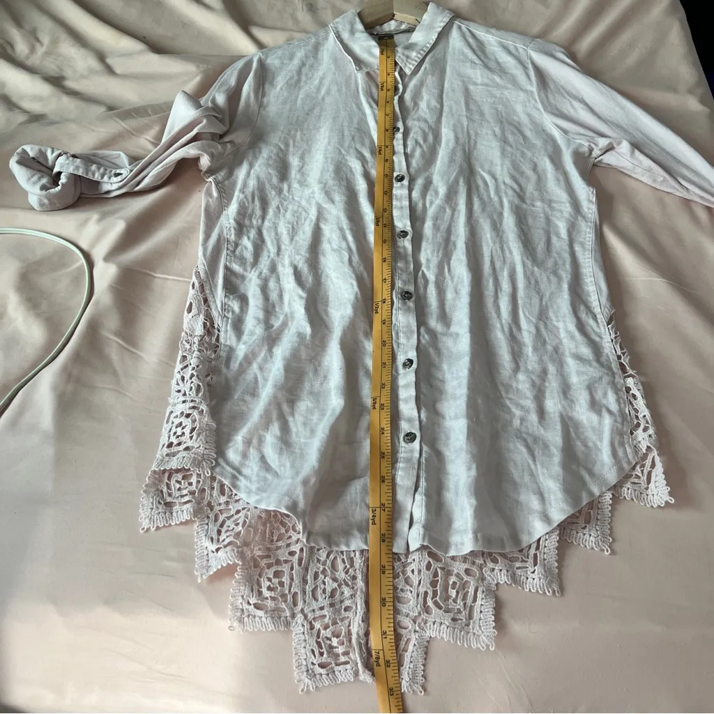 Soft Surroundings Blush Linen Button Down See Through Lace Back‎ High Low Shirt - Image 12